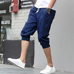 HEARUJOY - Summer New Sports Trend Versatile Casual Shorts Men's Solid Elastic Waist Drawstring Pockets Cotton Calf Length Cropped Pants