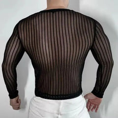 HEARUJOY - Mens T-Shirt Striped Sexy Slightly Transparent Stretch T-Shirt Fashion Streetwear Tight Casual Long Sleeve Top Men'S Clothing