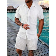 HEARUJOY - Fashion Men Two Piece Sets Cardigan Short Sleeve Lapel Shirts And Short Pant Men Stripe Outfit Summer Casual Loose Suit
