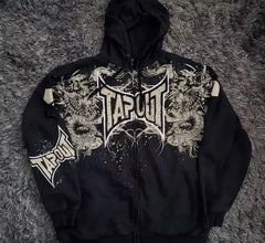Hearujoy Y2K Sweatshirt Women Mens Retro Graphic Print Tapout Zipper Hoodie Hip Hop Letter Oversized Hoodie Jacket Clothes Streetwear