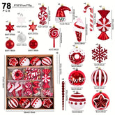 YICKYUE - 78pcs Christmas Ball Mix Decoration Set Shatterproof Plastic Painted Christmas Hat Cane Christmas Elements Hanging Xmas Ornament