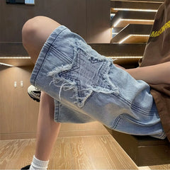 Hearujoy Star Patchwork Yellow Clay Color Jeans Summer Men Denim Shorts Trendy Streetwear Five-point Pants Straight Jeans Shorts
