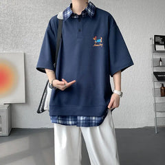 HEARUJOY - Dog Embroidery Plaid Polo Short Sleeve T-Shirt 2025 Summer Retro Couple T-shirts Splicing Fake Two Pieces Simple Tops