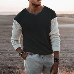 HEARUJOY - Men's Casual Knitted Sweater, Long Sleeve, Patchwork Color, O-Neck Tees Top, Loose Hollowed Breathable Knitwear, Streetwear