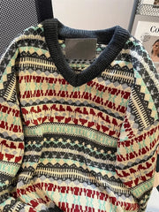 Hearujoy French Retro Jacquard Color Blocked V-neck Sweater Women Early Autumn Lazy Style Worn Outside Soft Sticky Knitted Sweater Top