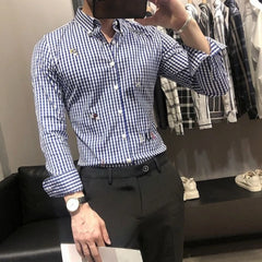 HEARUJOY - Stylish Men's Work Shirt Hairdresser Uniform Plaid Long Sleeve Slim Fit Autumn Fashion