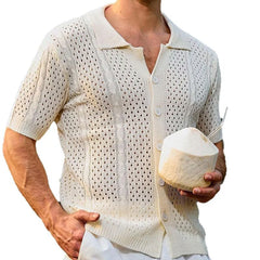 HEARUJOY - Summer Men's Retro Solid Color Short-Sleeved Shirt Knitted Hollow Fashion Casual Trend Loose Breathable Seaside Beach Men's Tops