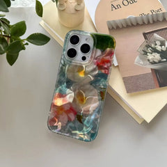 YICKYUE - Pink White Camellia Reflected Dazzling Water Ripple Camlet Silk Glacial Texture Cover Case for iPhone 12 13 14 15 16 17 Pro Max