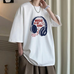 YICKYUE - Men's Cotton T-shirts White Men Oversized T Shirt Music Letter Print Summer Casual Wear 5XL Tee Shirts Big Size Male Clothes