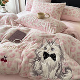 YICKYUE - Pink Leopard Print Cute Cat Embroidery Velvet Warm Winter Bedding Set Duvet Cover Bed Sheet/Fitted Sheet Pillowcases 3/4Pcs