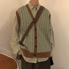 HEARUJOY - Men's Knitted Cardigan Sweater Vest Japanese Retro Fashion Trend Street Casual Loose Simple Breathable Niche New Men's Tops