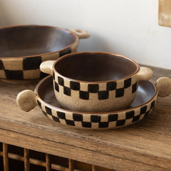 YICKYUE - Vintage Style Chessboard Pattern Ceramics Double Ear Noodle Bowl Breakfast Bowl Fruit Salad Plate Soup Bowl Creativity Tableware