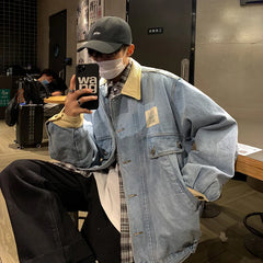 HEARUJOY - Retro Lapel Denim Jacket Men Jean Jackets Streetwear Turn Down Collar Denim Coats Cotton Casual Black Blue Coats Man Clothing