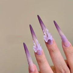 YICKYUE - 24Pcs False Nails Wisteria Bow Long Pointed Shape Soft Purple Gradient Press-On High-Quality Nails—Perfect As A Gift for Girls