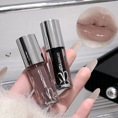YICKYUE - Dark Brown Gothic Lip Glaze Silver Metallic Lip Gloss Punk Black Mirror Light Lip Oil Non-Sticky Water Gloss Lips Tint Makeup