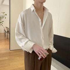 HEARUJOY - Long Sleeved Shirt Men Oversized Fashion Social Mens Dress Shirt Korean Loose Ice Silk White Shirt Mens Office Formal Shirts