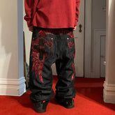 Hearujoy Dark Black Cross Gothic embroidery Red Pattern y2k High Waist Jeans men clothing 2000s American Retro Street Popular Casual Pant