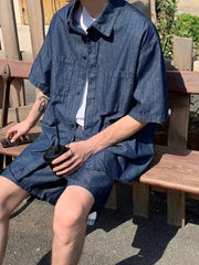 HEARUJOY - Japanese Man Sets Work Clothes Loose Cool Two-piece Set New in Matching Elastic Baggy Korean Stylish Shirts Shorts Suits for Men