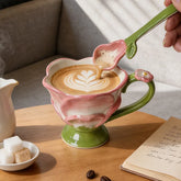 YICKYUE - Cute Style Lotus Design Firing Ceramic Goblet Milk Cup With Spoon Set Office Tableware Underglaze Colour Large Capacity 350ml