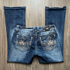 Hearujoy American Harajuku Gothic Y2K Heavy Industry Washed Blue Embroidered Pattern Jeans Women's Autumn Street Trend Slim Flared Jeans