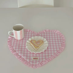YICKYUE - Placemats Dining Table Korean Plaid Heart-shaped Placemat Water Cup Mat Cute Pleated Lace Mat Fabric Coaster Dining Mat