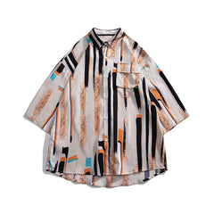 HEARUJOY - Summer Short Sleeved Shirt Men Fashion Printed Casual Shirt Men Streetwear Hip-hop Loose Striped Shirt Mens Hawaiian Shirts