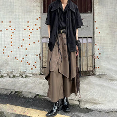 Hearujoy Mens Chinese Style Pleated Button Double Button Stacked Irregular Culottes Essential Casual Fashion Trend Loose Wide Leg Pants