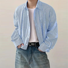HEARUJOY - New Japanese Trendy Men Shirts Light Luxury Textured Lapel Striped Long Sleeve Cardigan Tops Leisure Premium Loose Blouse M-2XL