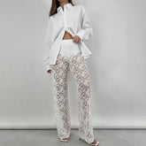 HEARUJOY - Women's Lace See Through Pants High Waisted Straight Leg Pants Sheer Streetwear Summer Casual Stitching Trousers