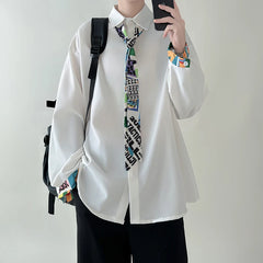 HEARUJOY - Tie Long Sleeved Shirt Men Oversized Society Mens Black Dress Shirt Korean Loose Casual Shirt Mens Ice Silk White Shirts M-2XL