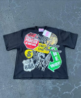 Hearujoy Europe and The United States High Street Fashion Printed Short Sleeve T-shirt Men Y2k New Round Neck Pure Cotton Loose Shirt
