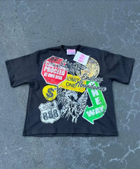 Hearujoy Europe and The United States High Street Fashion Printed Short Sleeve T-shirt Men Y2k New Round Neck Pure Cotton Loose Shirt