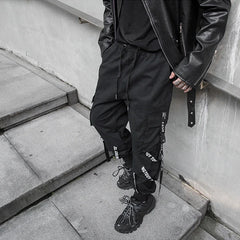 Hearujoy Techwear Cargo Pants Men Joggers Black Cargo Trousers for Men Jogging Japanese Streetwear Hip Hop Hippie Gothic Ribbon