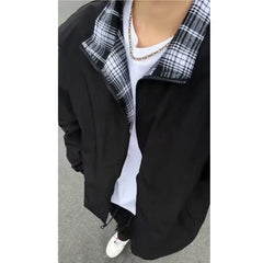 HEARUJOY - New Spring Autumn Mens Vintage Designed Plaid Patchwork Jacket Collarless American Style Lapel Couples Coat