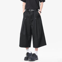 HEARUJOY - Korean Style Men Casual Shorts Solid Color Pleated Design Metal Design Cropped Trousers Cleanfit Male Bottom Simple