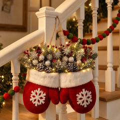 YICKYUE - Christmas Mitten Wreath Lighted Garland for Front Door Decoration, Artificial Twinkling Xmas Party Decor, Creative Glove Shaped