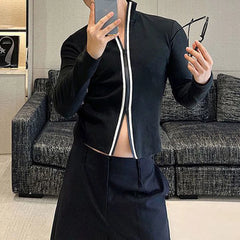 HEARUJOY - Men T-Shirt Slim Fit Contrast Color Two-Way Zipper T-Shirt Streetwear Personality Fashion Casual Long-Sleeve Tops Men'S Clothing