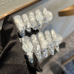YICKYUE - White Long Handmade Press on Nails Fish Tail Shell Sea Starfish Cat-eye Wearable Fake Nails Reusable False Nails for Women&Girls