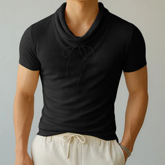 HEARUJOY - Men T Shirt Solid Color Drawstring Turtleneck Short Sleeve Male Tee Tops Streetwear Summer Fashion Men Clothing