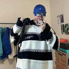 Hearujoy Patchwork Striped Men's Knitted Sweater Blue Pullovers Punk Black Sweaters Male Oversize Korean Streetwear Hip Hop
