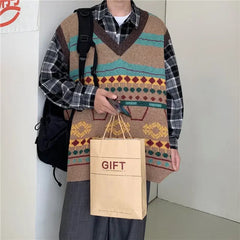 HEARUJOY - Sweater Man Casual Waistcoat V Neck Printed Knit Vests for Men Designer Cheap Korean Fashion Smooth Reviews Clothes Top Harajuku