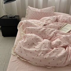 YICKYUE - Pink Polka Dot Lace Washed Cotton Bedding Set Three Piece Pure Cotton Student Duvet Cover Cotton Quilt Cover All Cotton Sheet