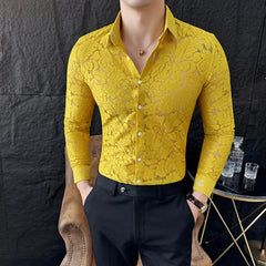 YICKYUE - Sexy Men's Mesh See Through Fishnet Lace Shirts Long Sleeved Slim Fit Transparent Shirt for Men Nightclub Prom Camisa Masculina