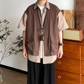 YICKYUE - Japan Vintage Style Fake Two-piece Cargo Shirts Mens Vest Patchwork Short-sleeved Shirt Summer Casual Loose Outdoor Top Coat