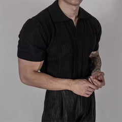HEARUJOY - Hollow Knitted Short-sleeved POLO Shirt T-shirt for Men's Summer Korean Style Top Mesh Texture Design Shirt