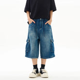 HEARUJOY - Summer Thin Washed Loose Multi-pocket Denim Cropped Pants For Men High Street Straight Distressed Street Wide-leg Jeans Shorts