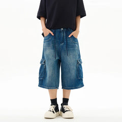 HEARUJOY - Summer Thin Washed Loose Multi-pocket Denim Cropped Pants For Men High Street Straight Distressed Street Wide-leg Jeans Shorts