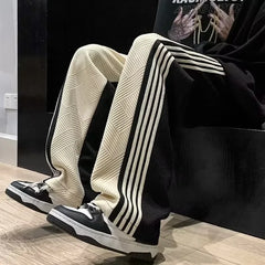 HEARUJOY - Autumn Winter Men's Loose Straight Leg Casual Pants Trendy Brand Long Black Hong Kong Style Stripe Versatile Casual Trousers