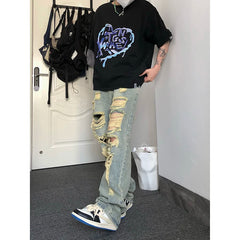 Hearujoy American Y2k Street Hip-hop Heavy Industry Ripped Men's Jeans Spring Straight Loose Vibe Style Street Dance Trendy Pants