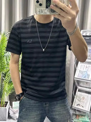 HEARUJOY - Man Tee Shirts O Neck Striped Apricot Cotton Linen T Shirt for Men Short Quarter Sleeve Summer Basic Cheap Clothes Ordinary Top